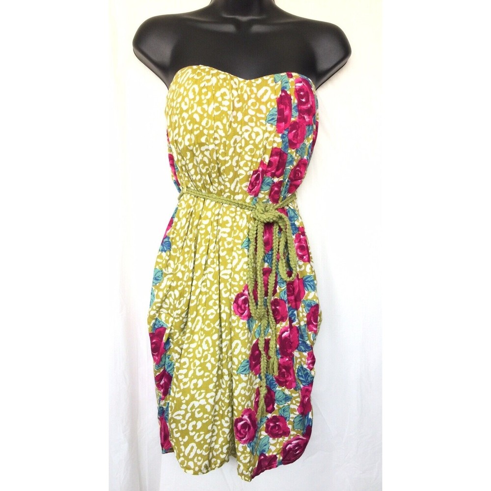 Hot & Delicious Dress Strapless Green Floral Pleated Tucks Size S W/Belt New